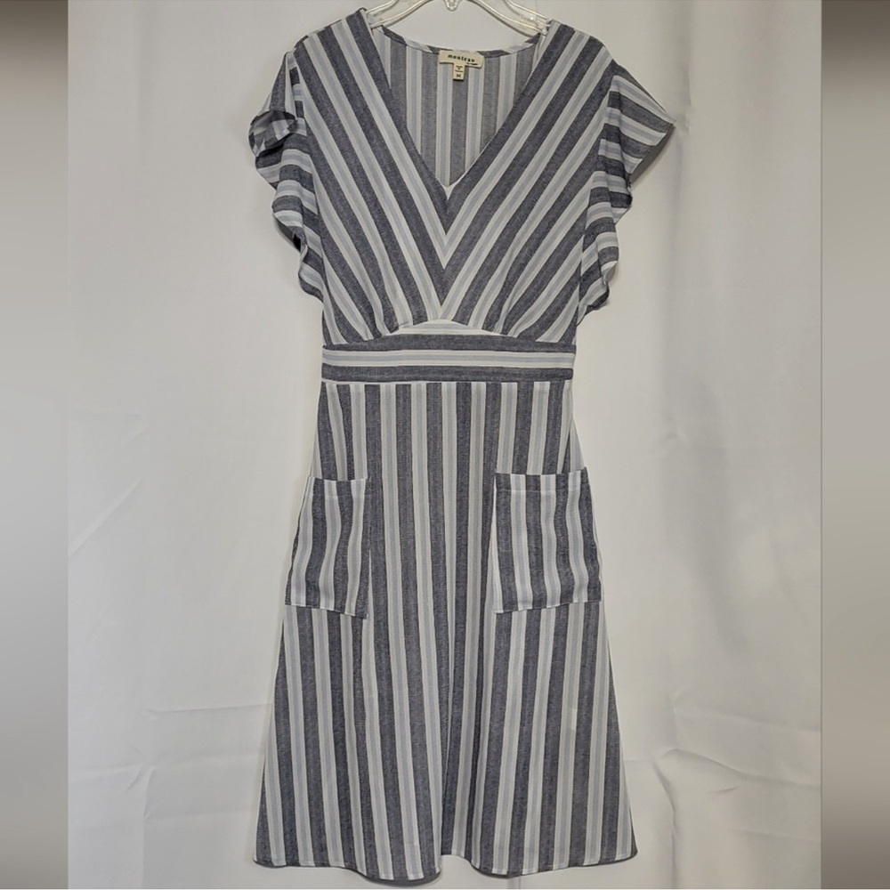 Monteau—Blue and White Striped V Neck Tie Back Adjustable Waist Midi Dress—M